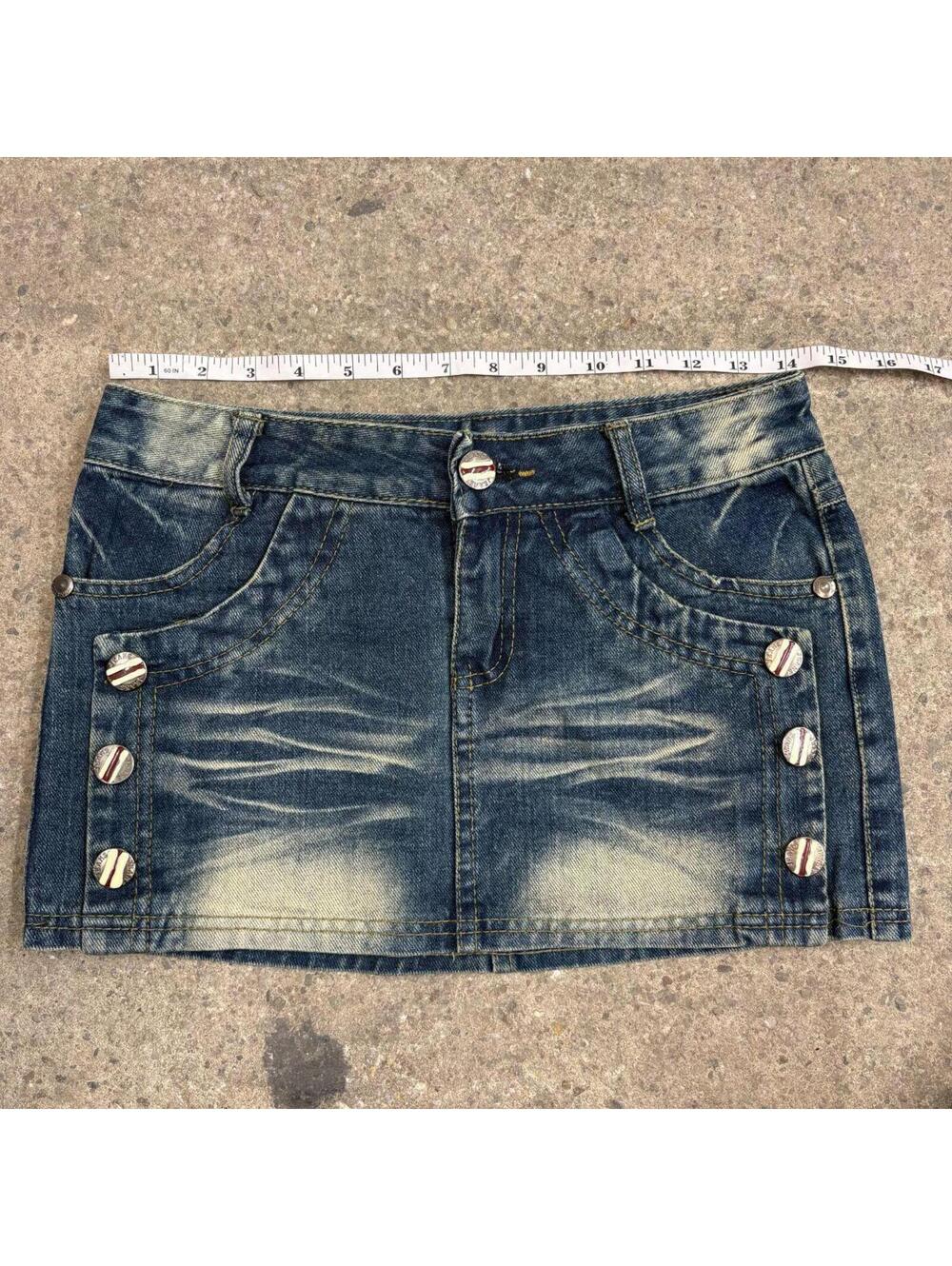 Vintage Y2K Denim Micro Mini Skirt Low Rise Sandblasted Sailor Panel - Picture 4 of 6